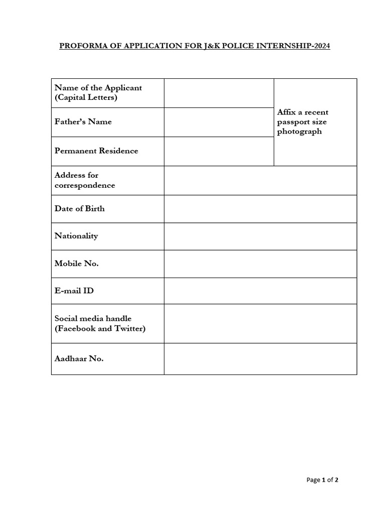 J K Police Internship Application 2024 Pdf