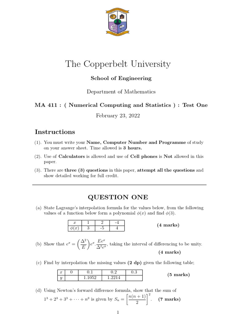 MA 411 Numerical Computing Test 1 | PDF | Finite Difference | Mathematics