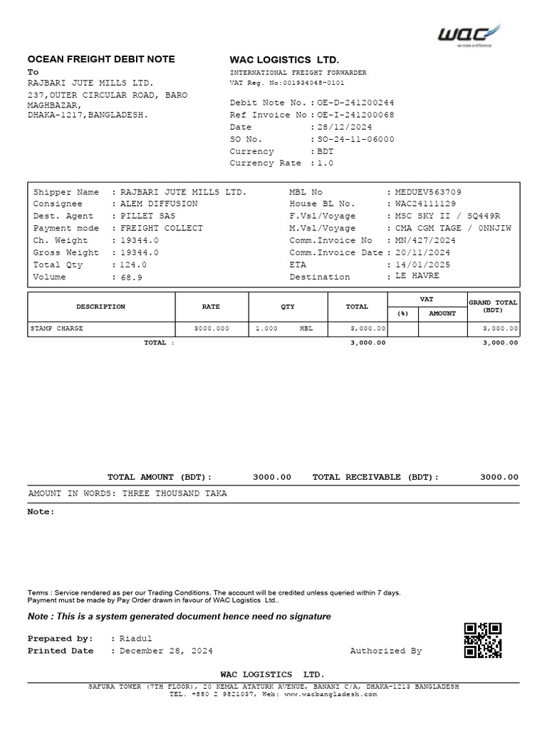 Ocean Freight Debit Note - WAC Logistics | PDF | Payments | Freight ...