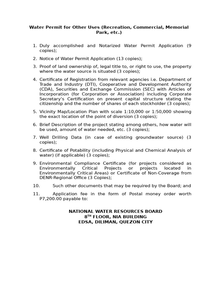 Water Permit For Other Uses | PDF