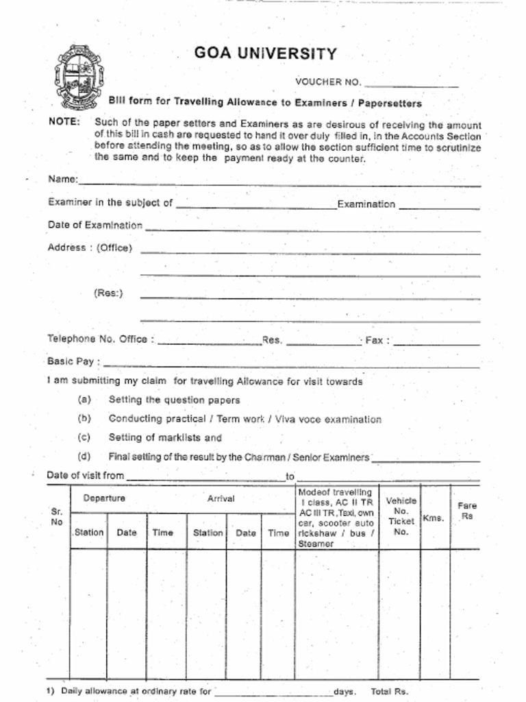Goa University TA Bill Format | PDF