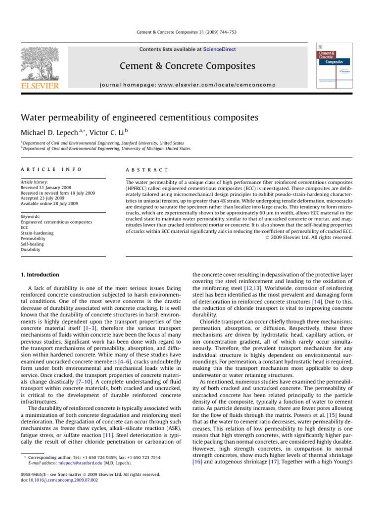 Water Permeability of Engineered Cementitious Composites | PDF ...