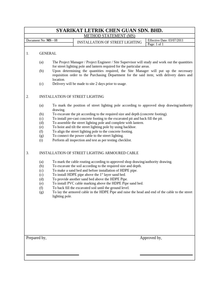 Street Lighting Installation Method Statement | PDF