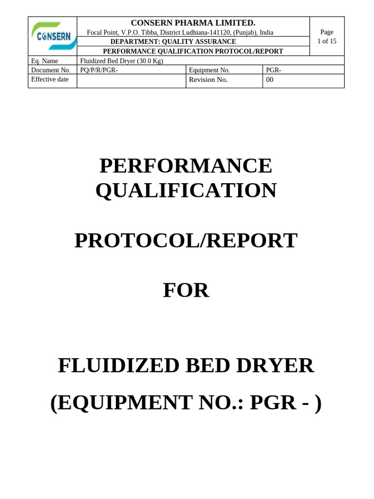Performance Qualification Protocol For Fluid Bed Dryer | PDF | Clothes ...