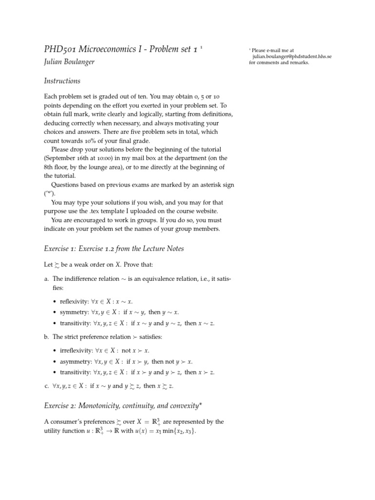 Microeconomics I Problem Set 1 | PDF | Utility