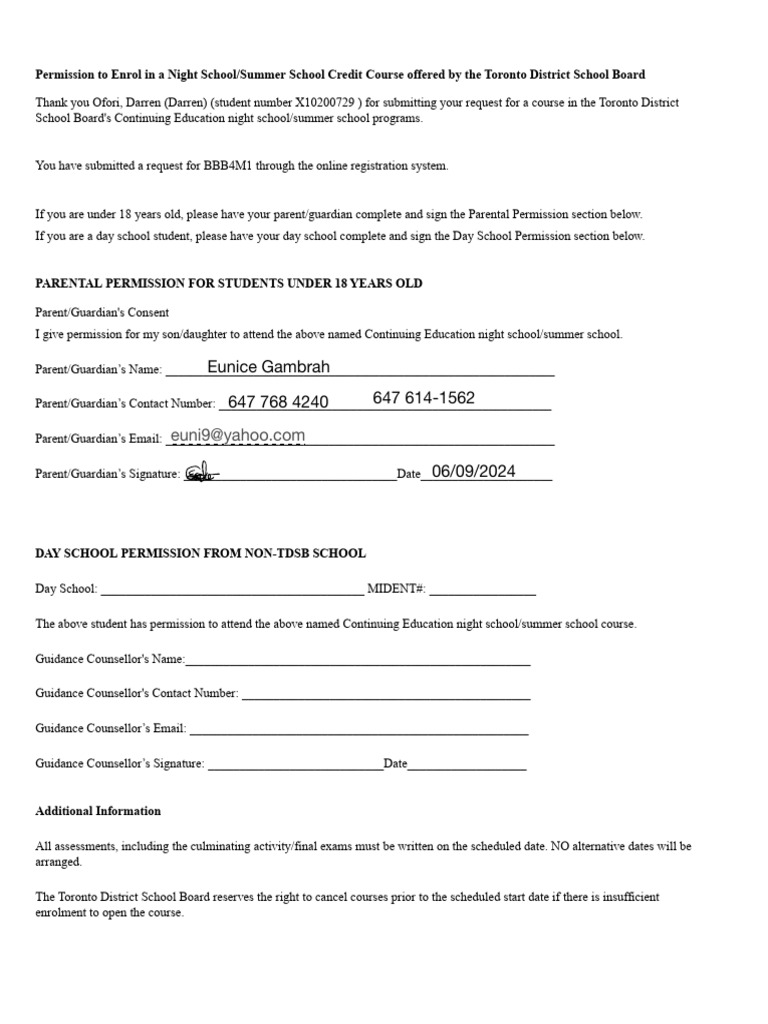Parent/Guardian Consent for TDSB Course | PDF