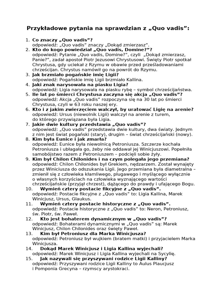 Pytania Do Lektury Quo Vadis