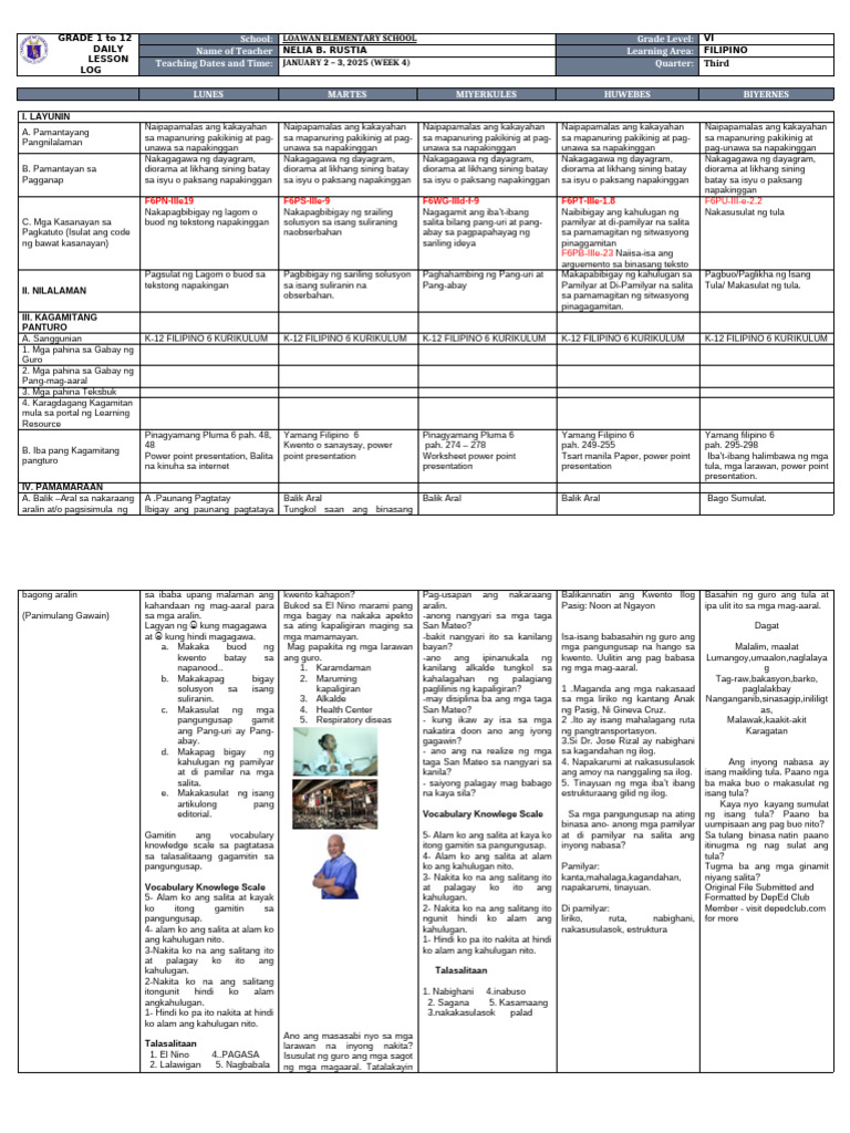 DLL - Filipino 6 - Q3 - W4 | PDF