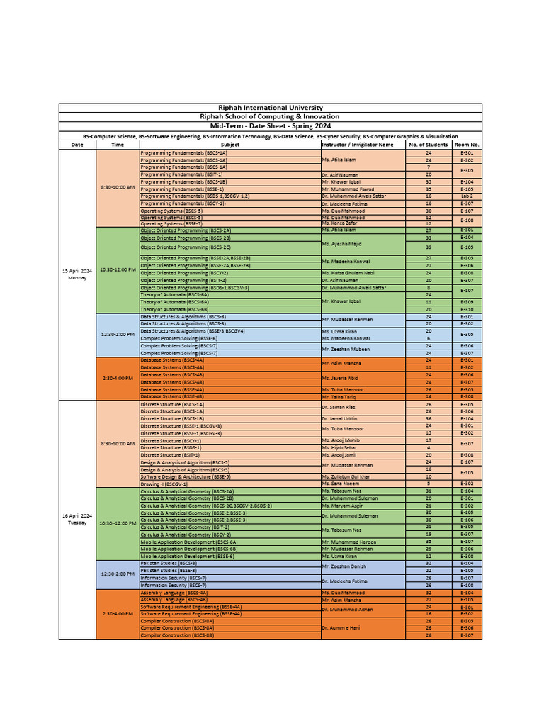Mid-Term Exam Schedule Spring 2024 | PDF | Computing | Computer Science