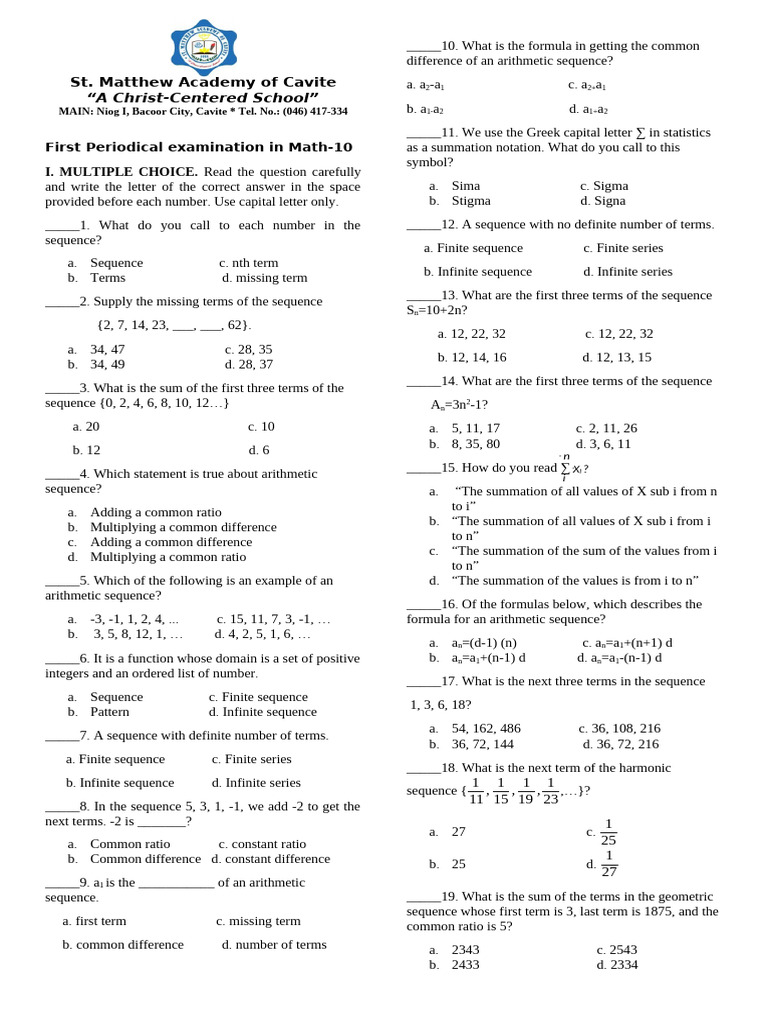Math 10-1ST Periodical Exam | PDF | Summation | Sequence