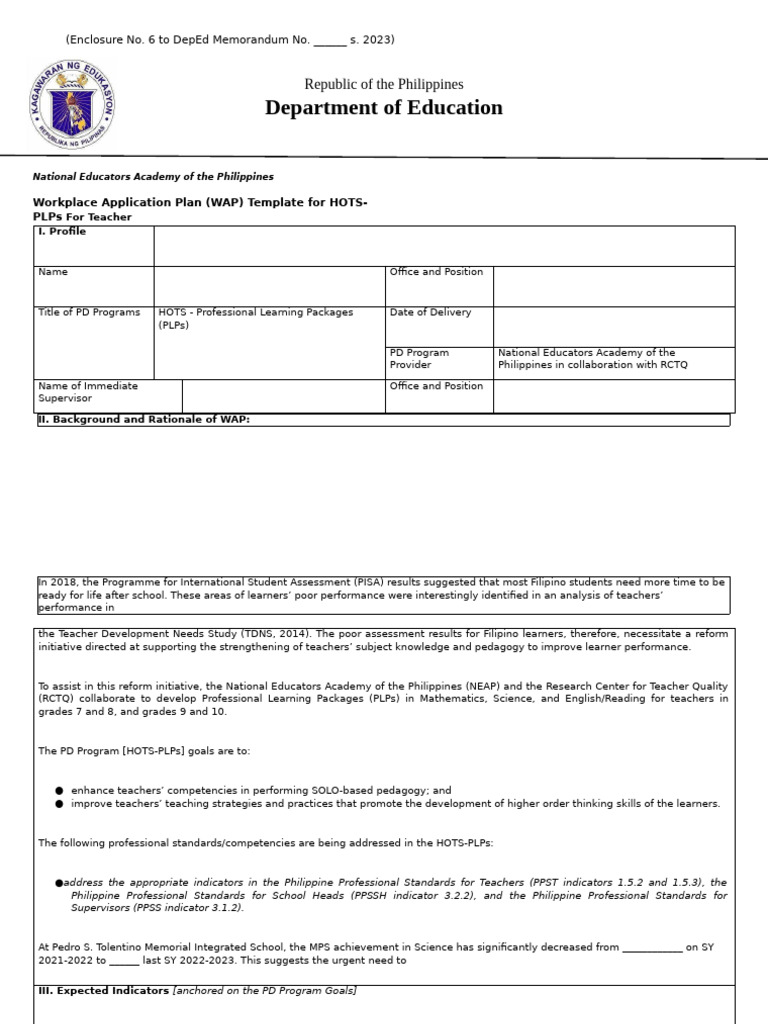 WAP Template for Teacher Development | PDF | Teachers | Learning
