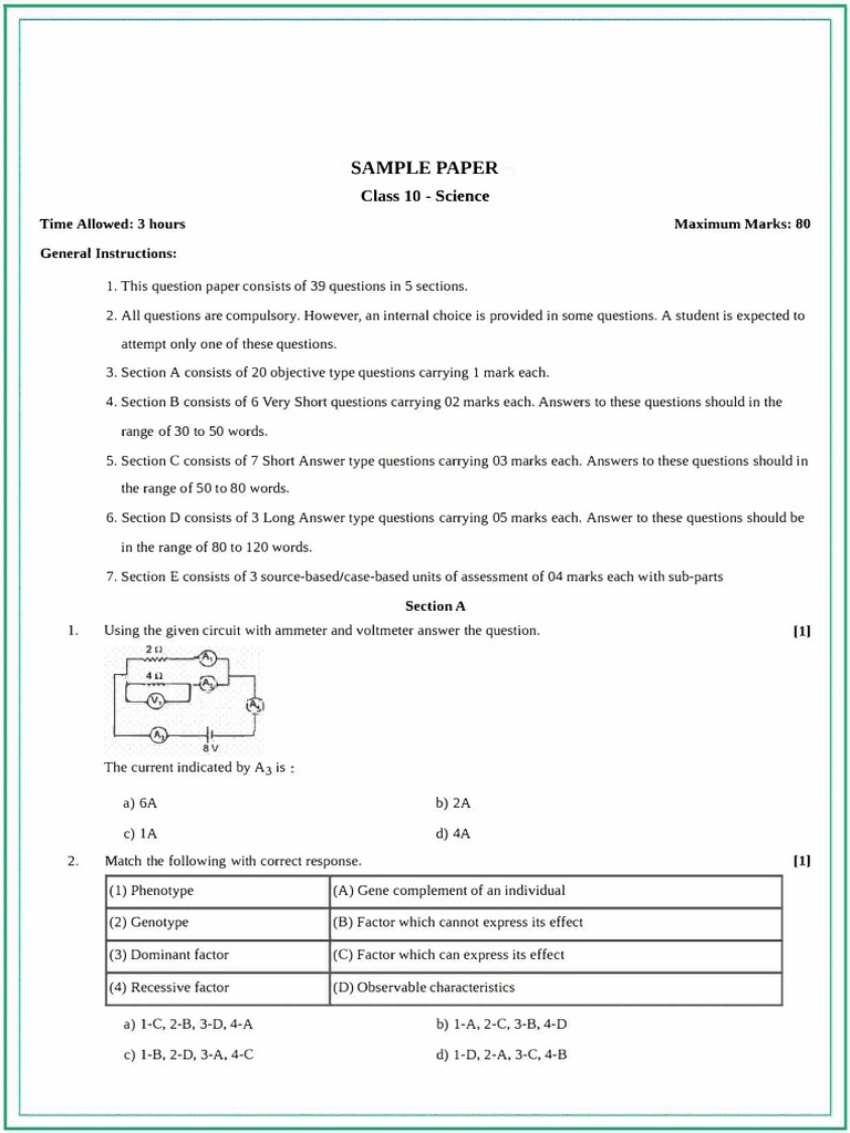 Class 10 Science Sample Paper | PDF