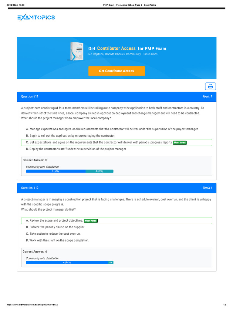 PMP Exam - Free Actual Q&As, Page 2 _ ExamTopics | PDF | Scrum ...