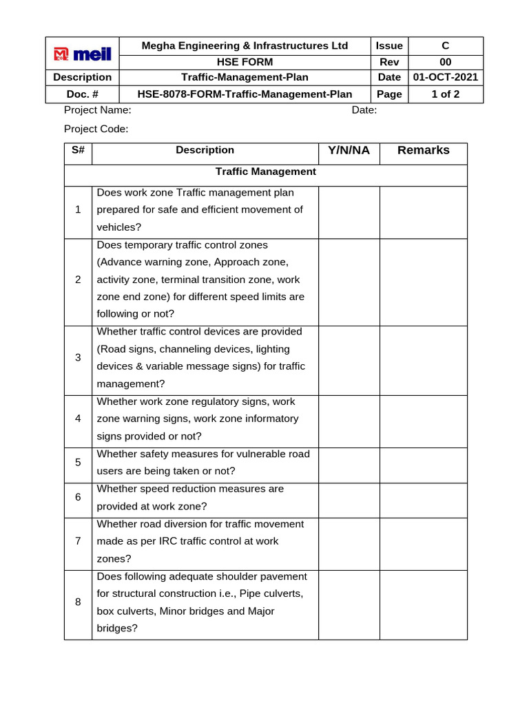 Traffic Management Plan Checklist | PDF | Traffic | Road