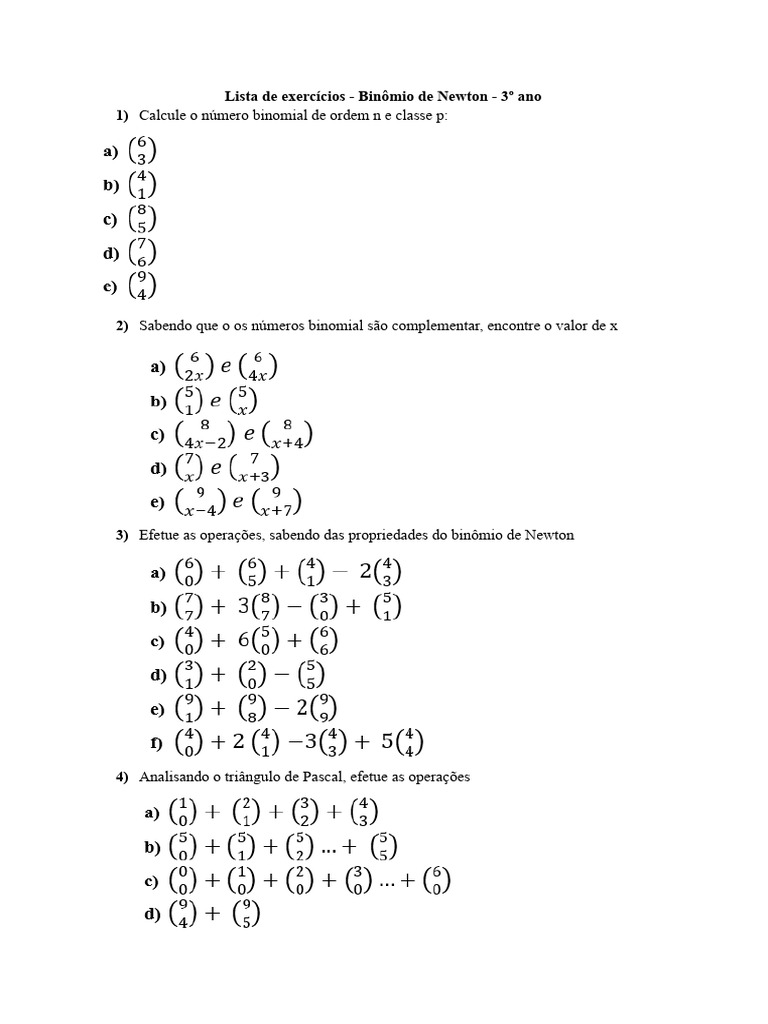 Exercícios sobre Binômio de Newton | PDF
