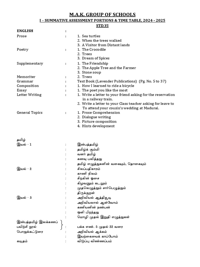 Std. Vi - I Summative Assessment Portions & Time Table | PDF | Science ...