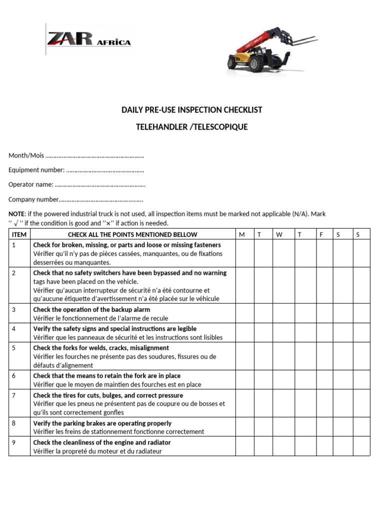 Checklist quotidienne téléhandler | PDF | Véhicules terrestres ...