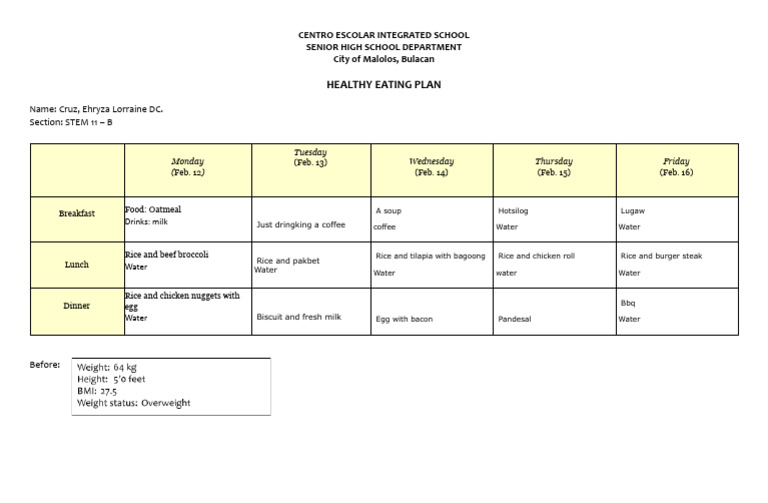 Healthy Eating Plan for STEM 11-B | PDF