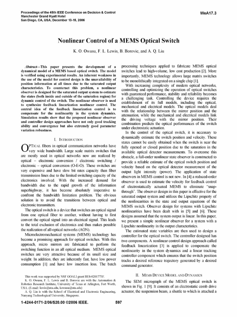 Nonlinear Control of A MEMS Optical Switch - Part1 | PDF | Control ...