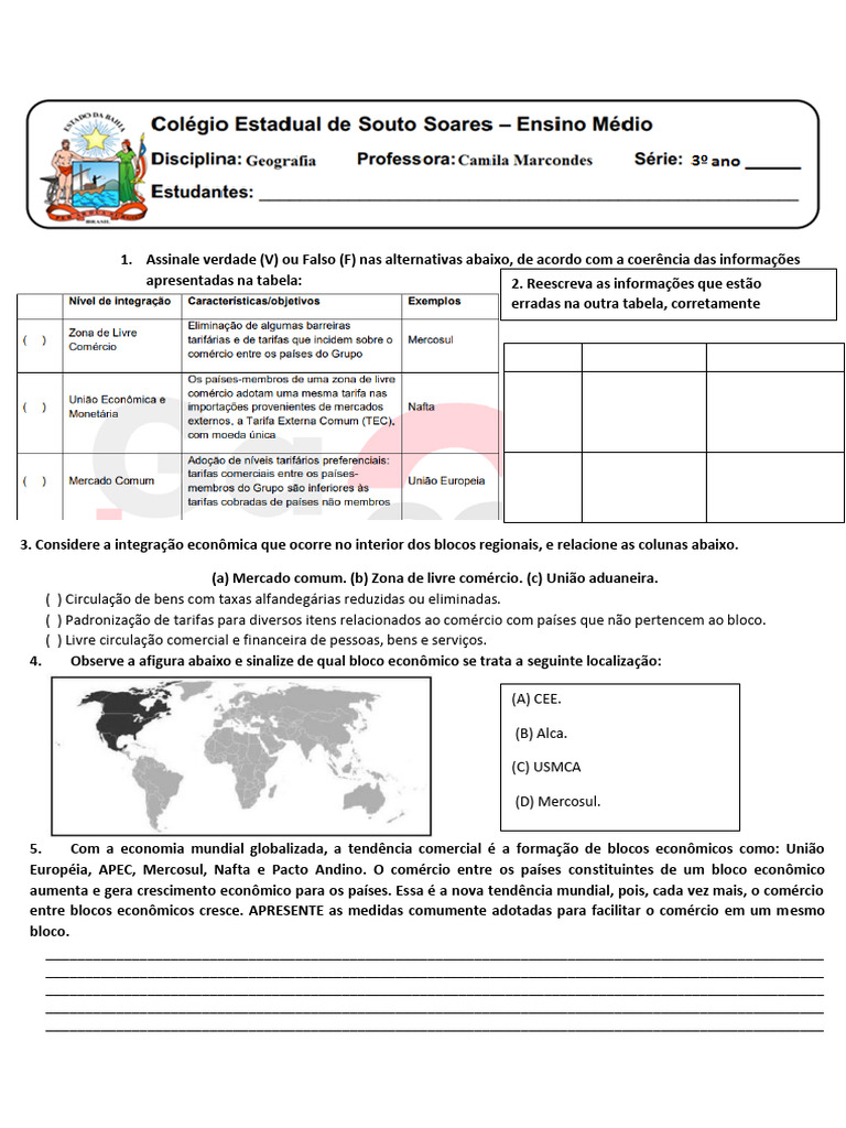 Exercícios sobre Blocos Econômicos 8º Ano | PDF | Economia | Economias