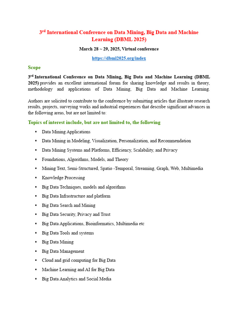 CFP - 3rd International Conference On Data Mining, Big Data and Machine ...