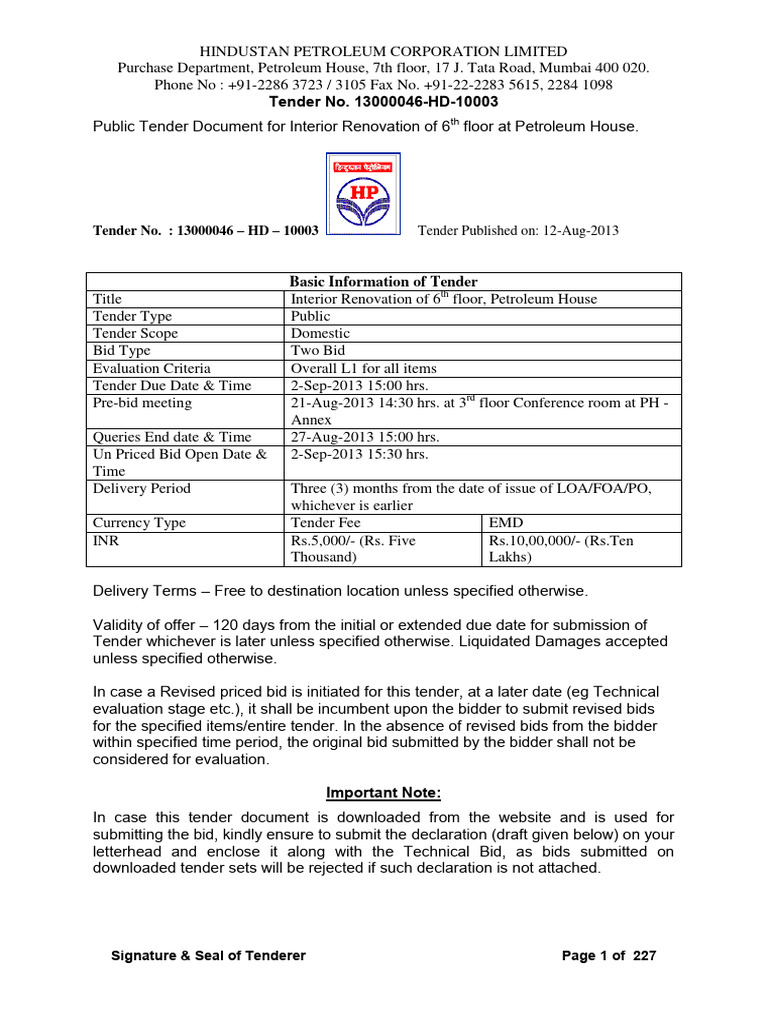 Tender No. 13000046-HD-10003: Basic Information of Tender | PDF | Joint ...