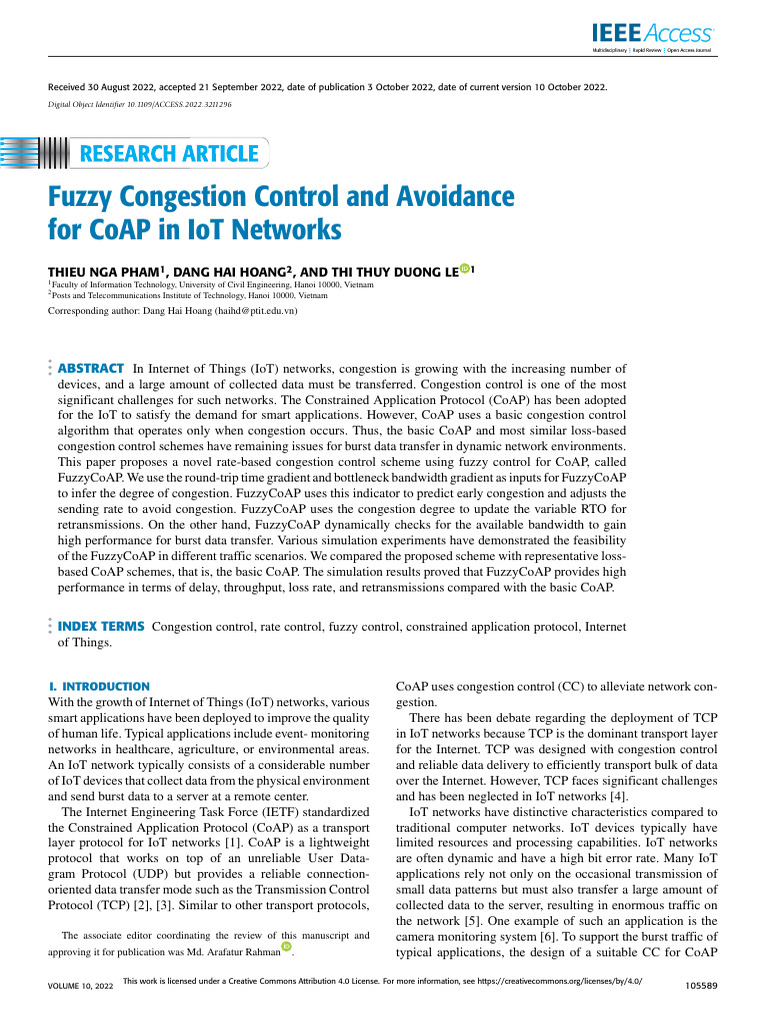 Fuzzy Congestion Control for CoAP in IoT | PDF | Transmission Control ...