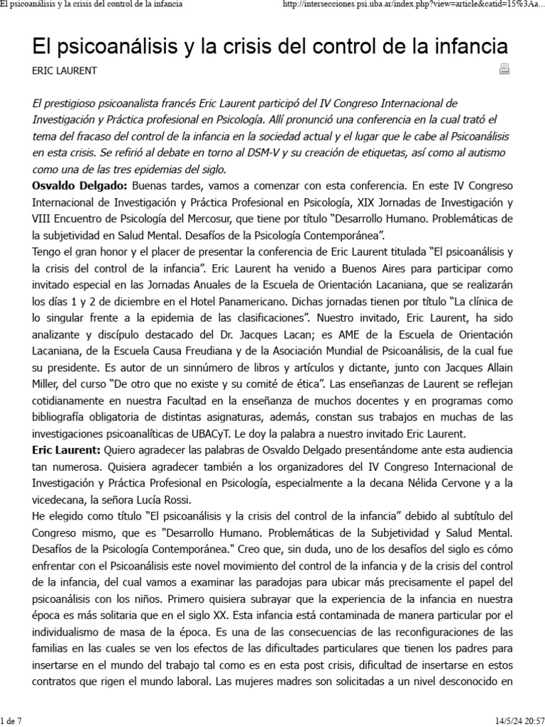 El Psicoanálisis y La Crisis Del Control de La Infancia | PDF | Manual ...