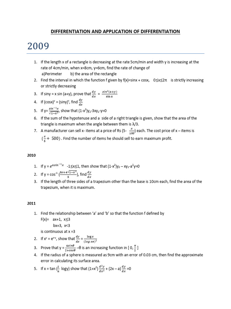 Differentiation Problems and Applications | PDF | Area | Elementary ...
