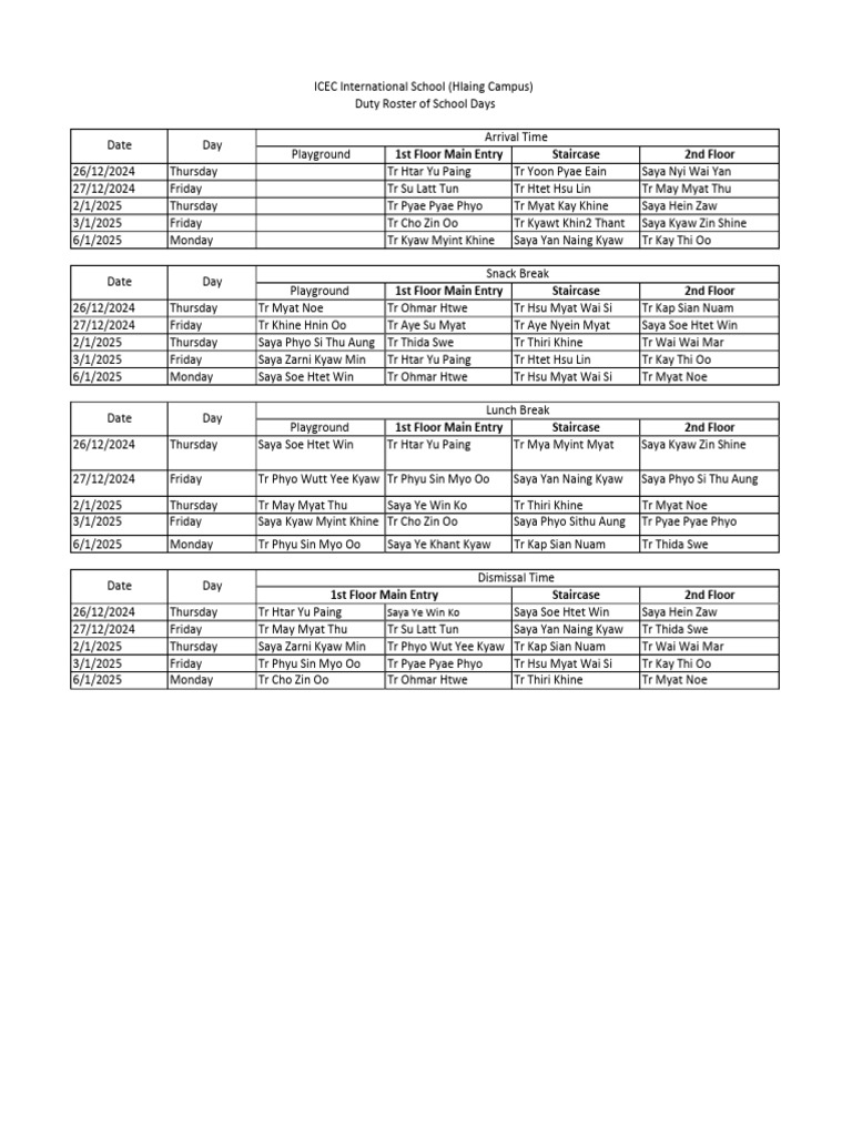 ICEC School Duty Roster 2024-2025 | PDF | Myanmar
