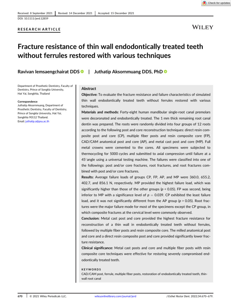 J Esthet Restor Dent - 2022 - Iemsaengchairat - Fracture Resistance of ...