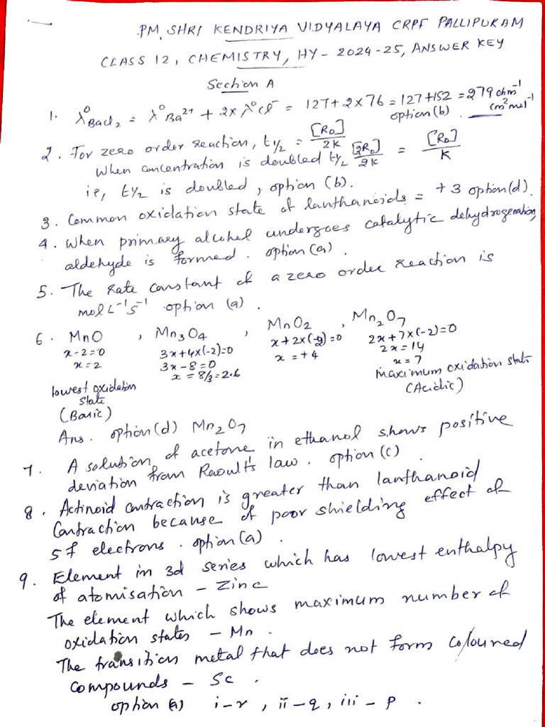 Chemistry Answer Key Half Yearly Class 12 | PDF