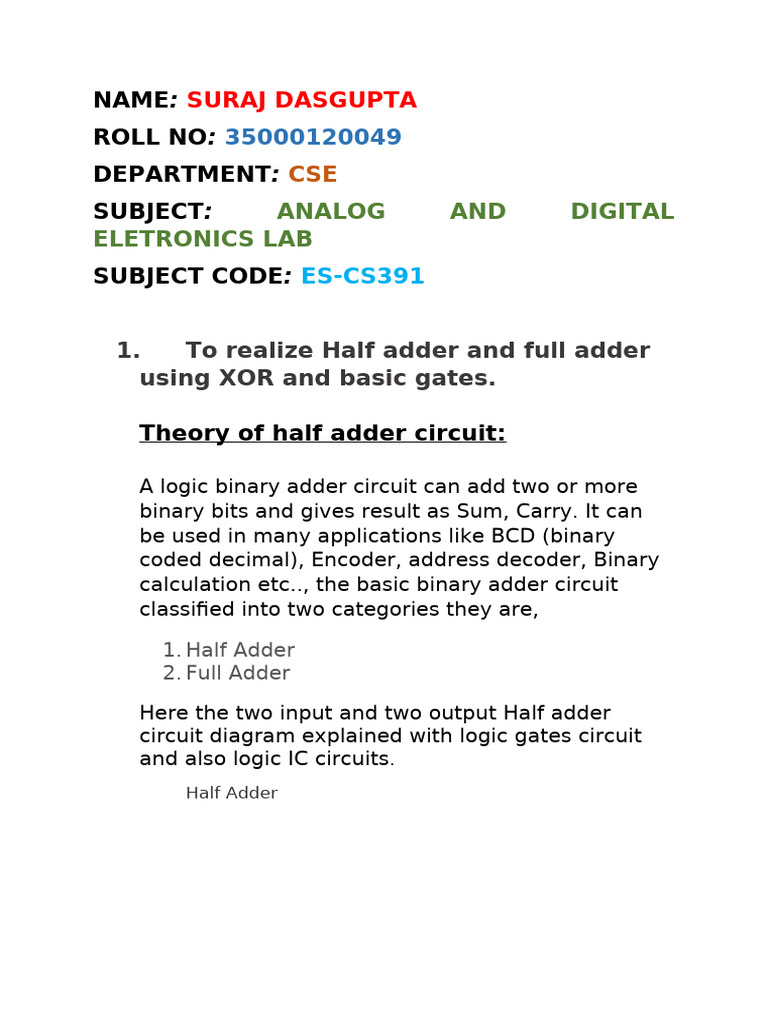 Half and Full Adder/Subtractor Lab Report | PDF | Logic Gate | Subtraction