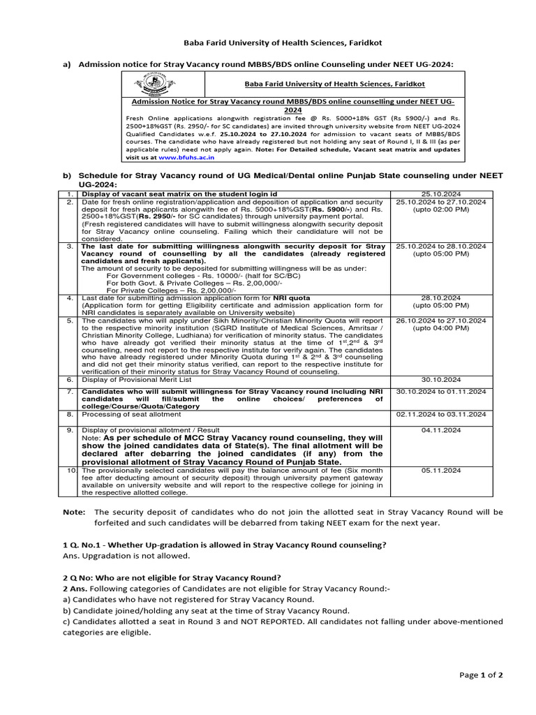 NEET UG-2024 Stray Vacancy Counseling | PDF