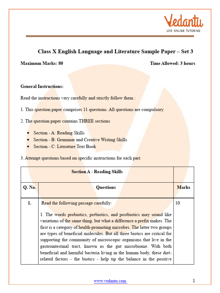 Class X English Sample Paper Set 3 | PDF | Probiotic | Gastrointestinal ...