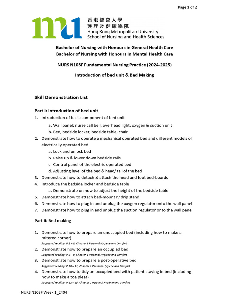 N103F Demo List - Week 1 - 2404 | PDF | Bed | Health Care