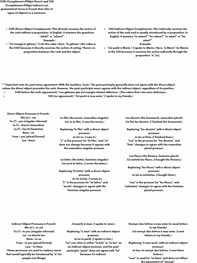 COD and COI in French Grammar | PDF | Verb | Grammatical Gender