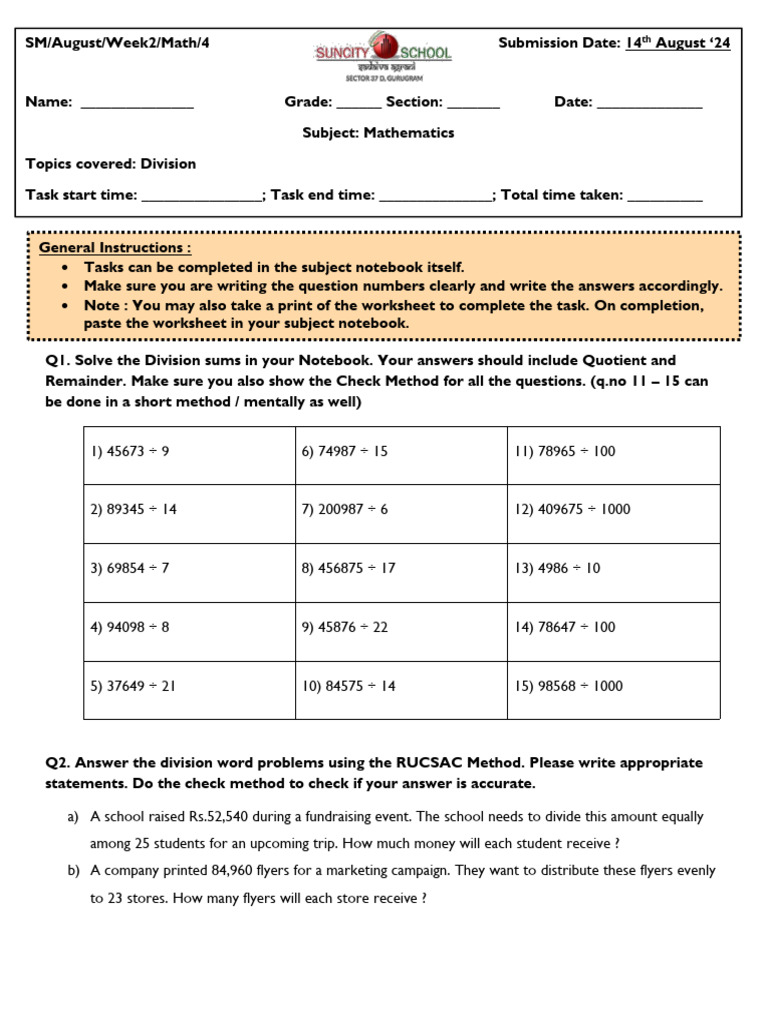 Grade V - Math Division - August Week 2 | PDF