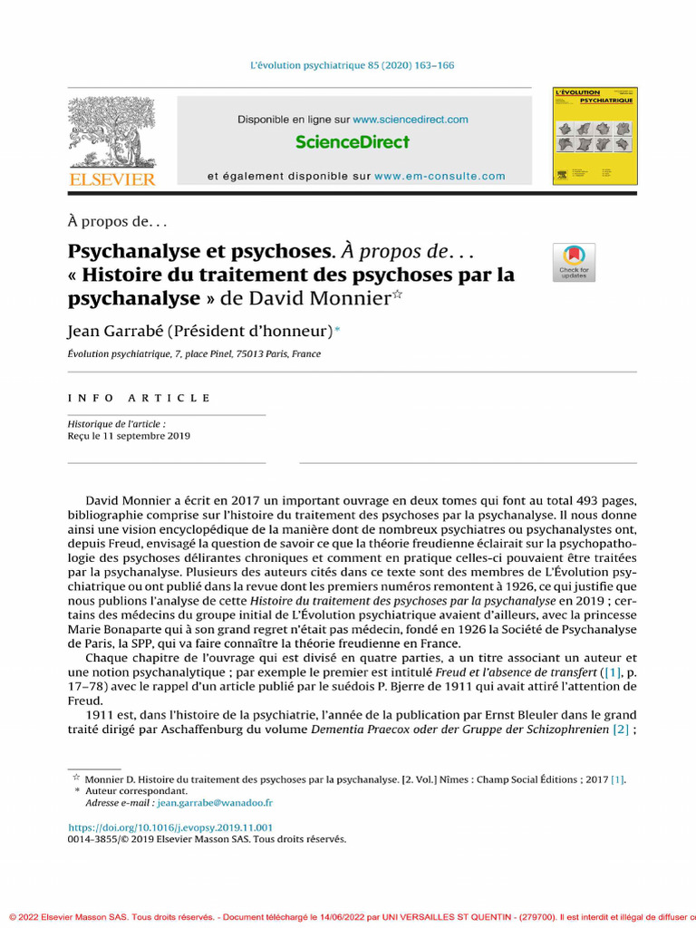 Psychanalyse Et Psychoses. À Propos de Histoire Du Traitement Des ...
