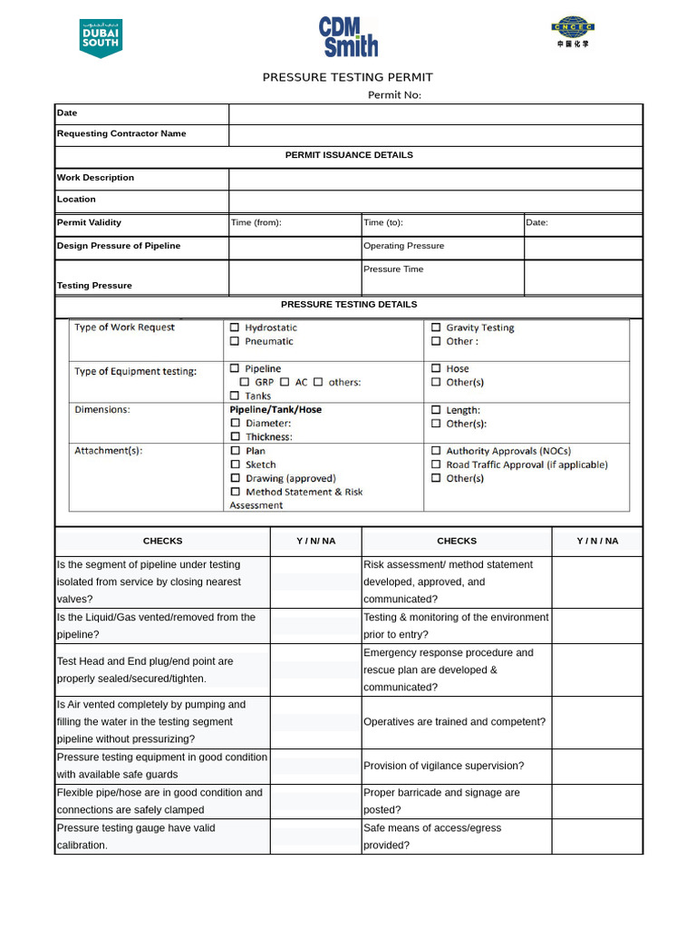 Pressure Testing Permit | PDF | Pressure | Gases