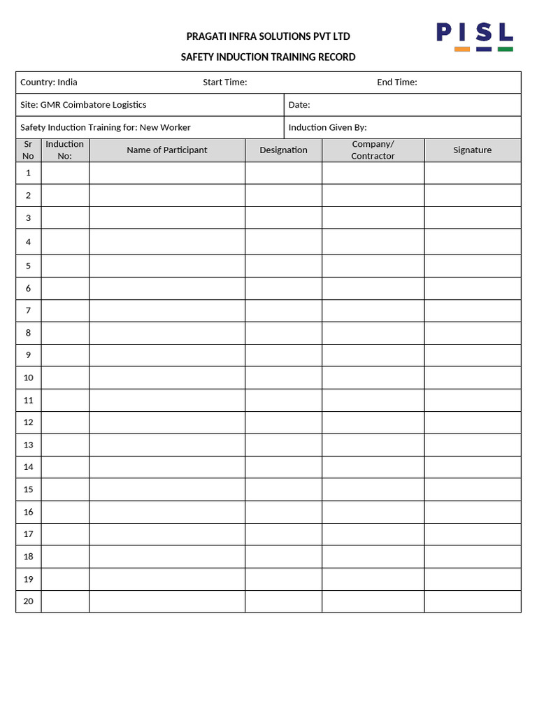 Safety Induction Training Record | PDF