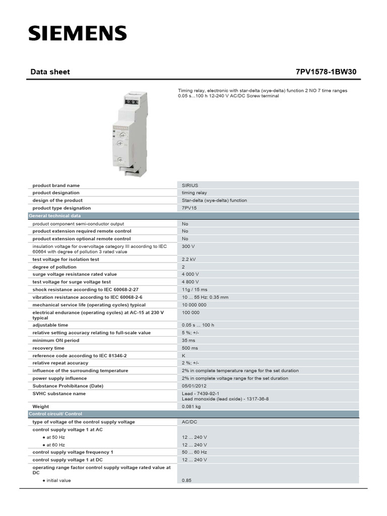 Siemens 7PV1578 Timing Relay Data Sheet | PDF | Relay | Alternating Current