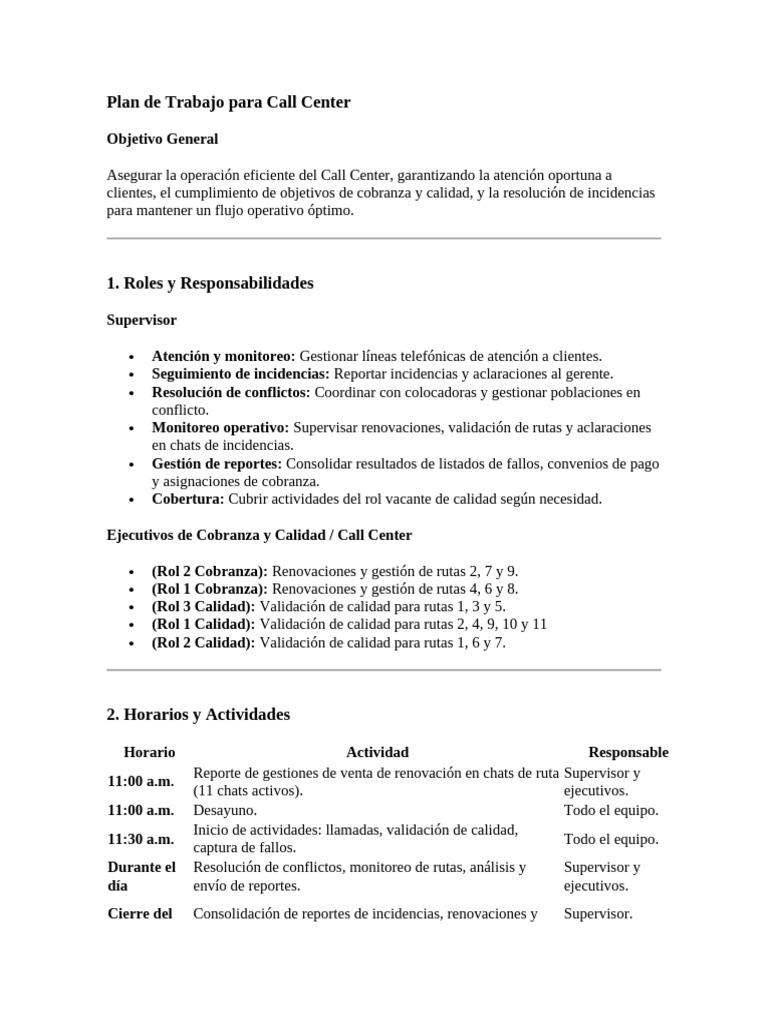 Plan de Trabajo para Call Center | PDF | Centro de llamadas