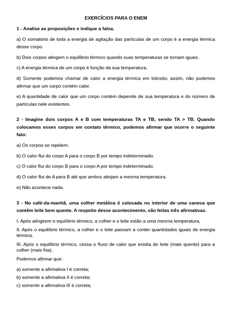 Exercícios de Termologia para o ENEM | PDF
