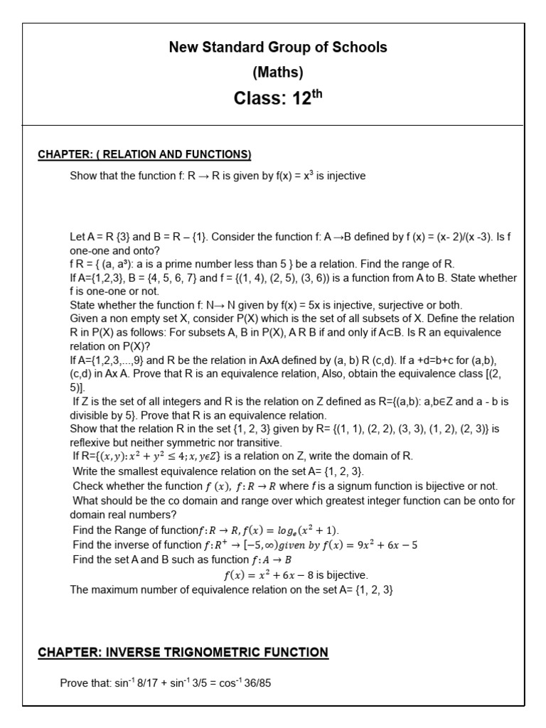 12th Grade Maths: Relations & Functions | PDF | Function (Mathematics ...