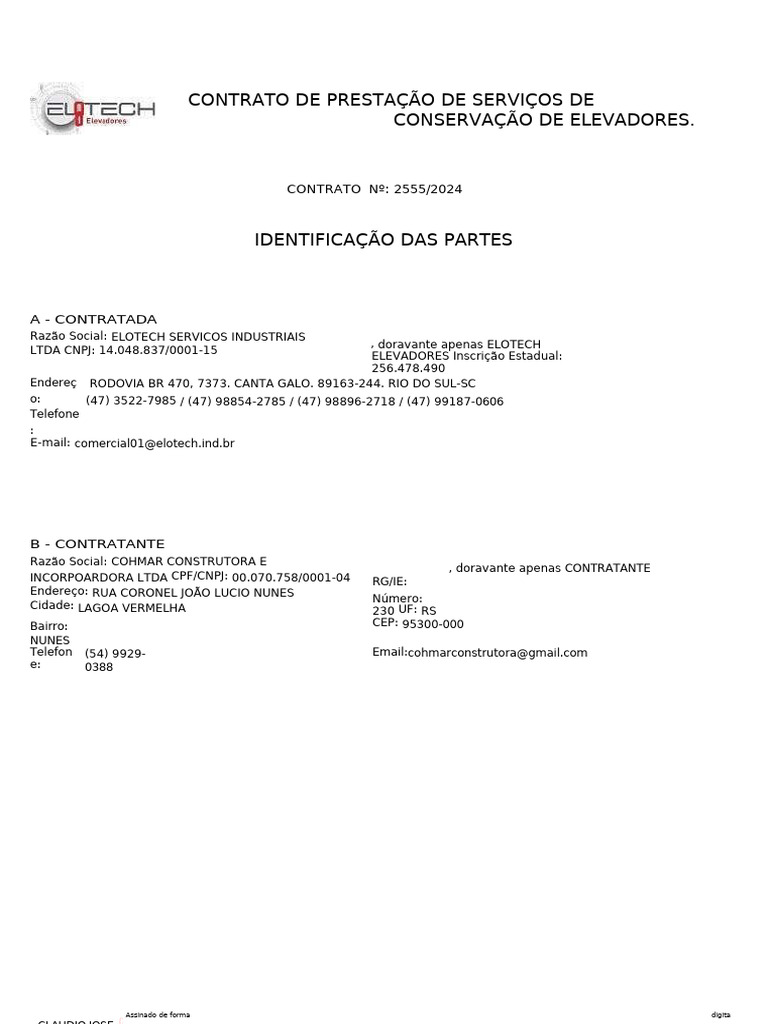 Contrato de Manutenção de Elevadores Elotech | PDF