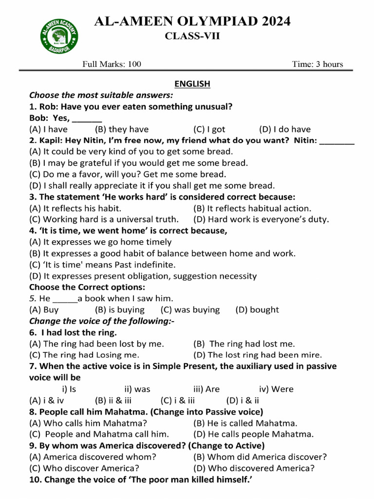 Class VII Paper | PDF