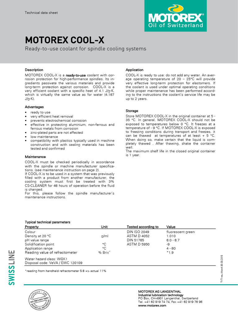 MOTOREX COOL-X Technical Data Sheet | PDF | Coolant | Corrosion