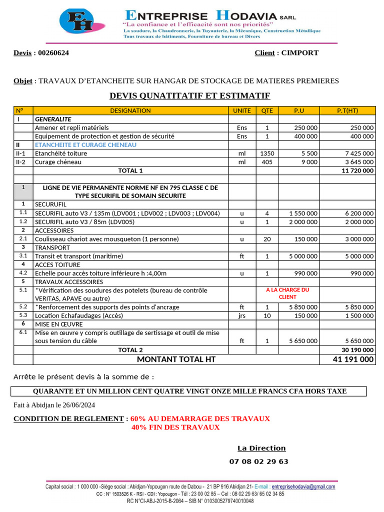 Devis pour étanchéité hangar CIMPORT | PDF