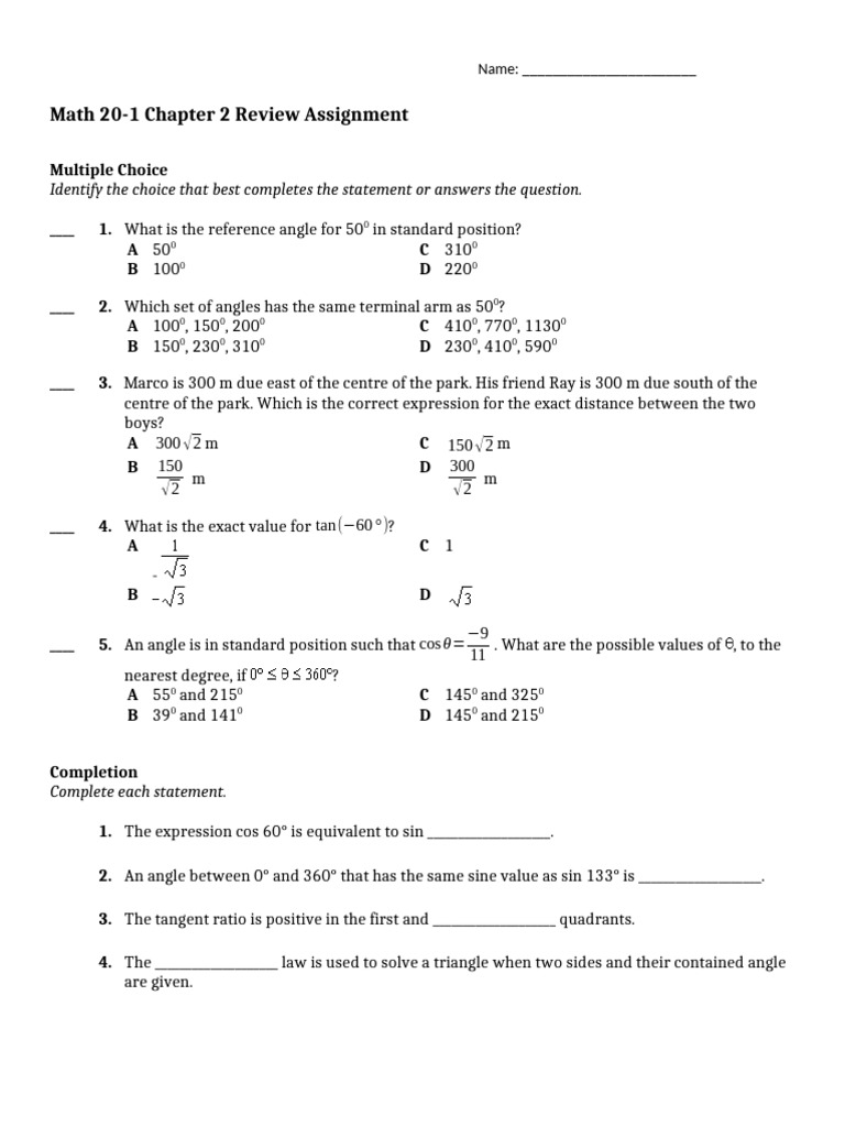 Math 20-1 Trigonometry Review Test | PDF | Triangle | Euclid